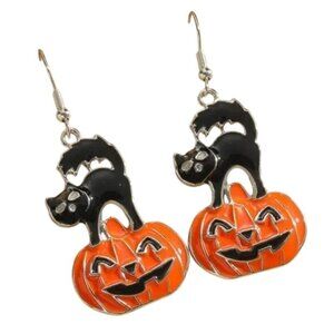 Halloween Black Cat & Pumpkin Enamel Dangle Earrings